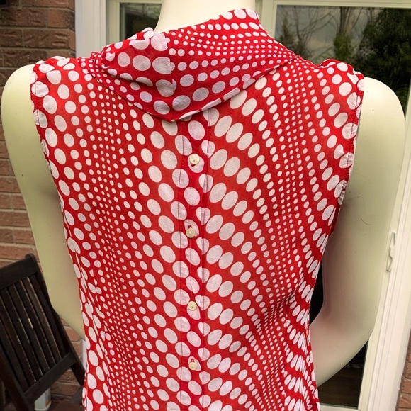 Sheer Red & white large Polka Dot Tank top with roll-neck back button-up Eur 42 - Picture 4 of 5